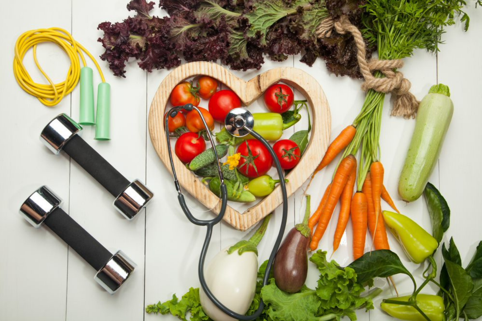 Healthy Food, Exercise Equipment and Heart Shape image